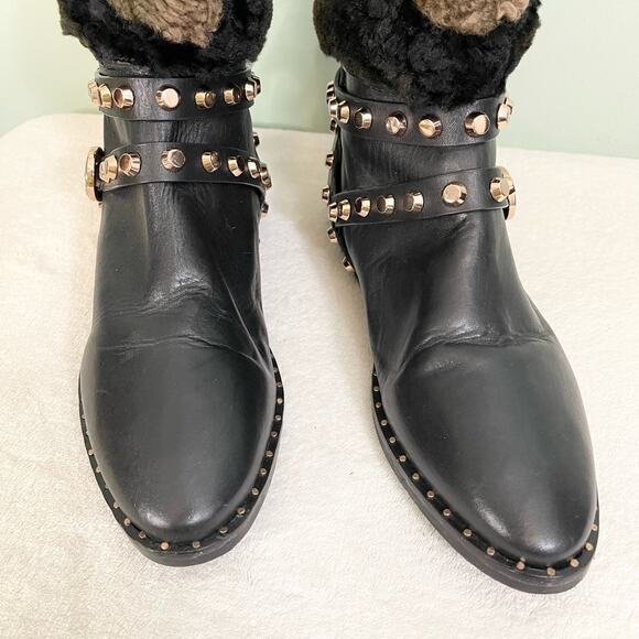 Ivy Kirzhner New York Black Leather Sheep Fur Buckle Studded Booties Size 6B - Picture 6 of 12